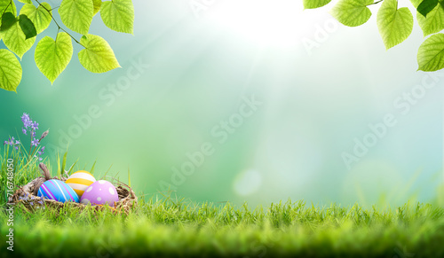 Canvas Print Three painted easter eggs in a birds nest celebrating a Happy Easter on a spring day with a green grass meadow, tree leaves and blurred grass foreground and bright sunlight background with copy space