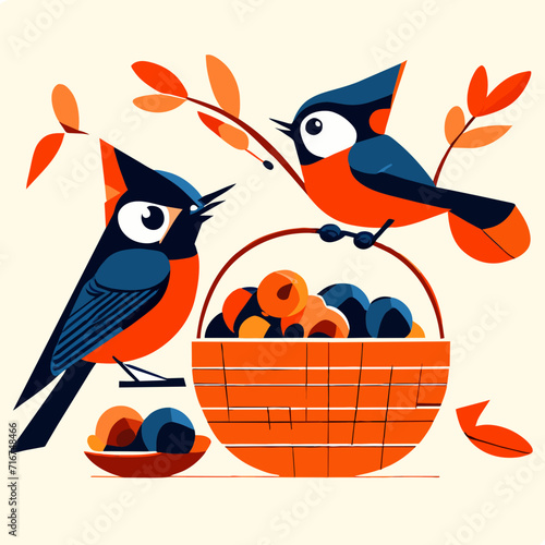 Basket of berries and bullfinches. Vector illustration in flat style. AI Generated