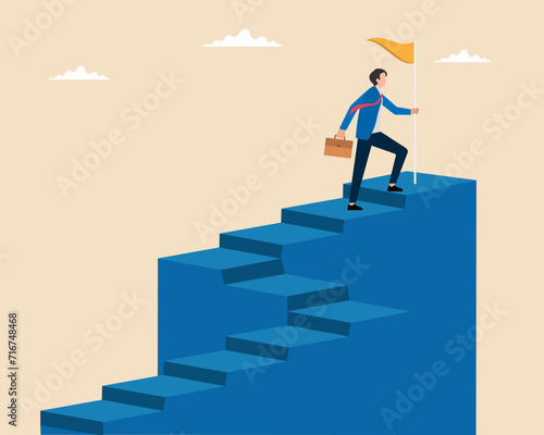 businessman running up stair to reach goal Stair to success path business target vector illustration