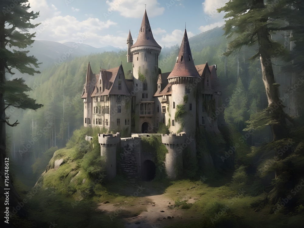 Abandoned castle in the forest. Generative AI Abandoned castle in the forest. Generative AI