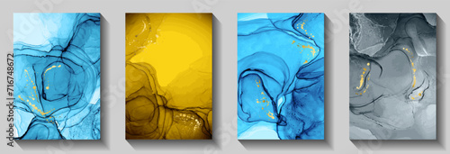 Elegant birthday greeting card patters vector bundle. Liquid alcohol ink texture, gold