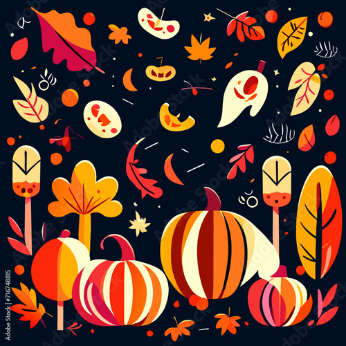 Autumn vector background with pumpkins, leaves and berries. Hand drawn illustration generative AI