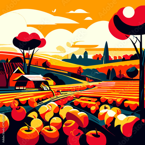 Autumn rural landscape with red apple orchard and road. Vector illustration AI Generated