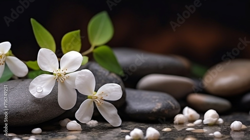 Soothing zen-like background with pebbles and jasmine flowers 1