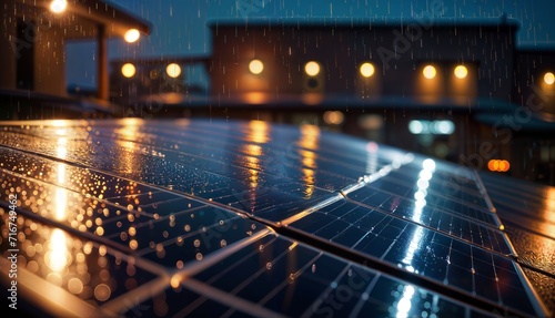 Solar panels installed on the roof of a building at night with the rain.