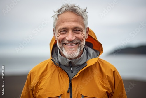 Portrait of a smiling man in his 50s wearing a functional windbreaker against a serene seaside background. AI Generation © CogniLens