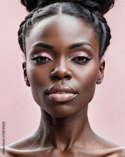 Delicate Strength - Artistic close-up portrait of a strong Black woman with a pastel pink and charcoal wave background Gen AI photo