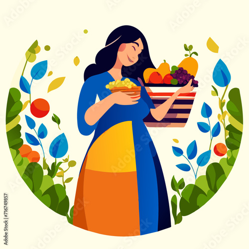 Pregnant woman holding basket with fruits and vegetables. Vector illustration. AI generated