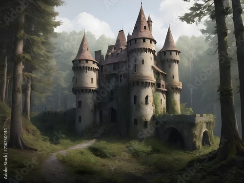 Abandoned castle in the forest. Generative AI