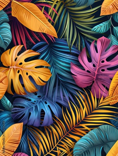 Colorful illustration of dense jungle foliage.