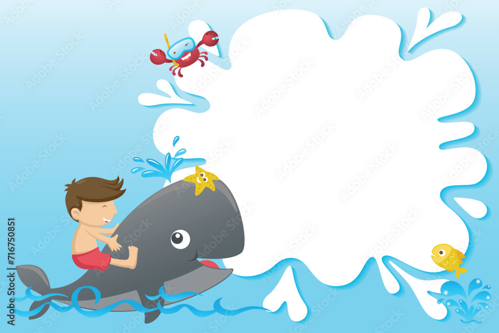 Fototapeta premium Frame template cartoon with little boy ride on funny whale, funny marine animals