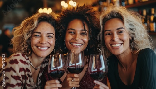Diverse smiling women friends enjoying wine at an indoor wine tasting, attractive cute face, light makeup, fun smile expression. Party celebration success. Hen party, maidenly, girlish.