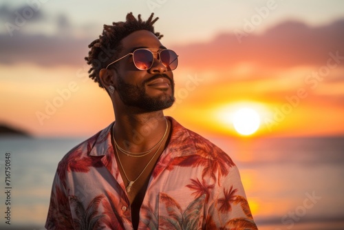 Portrait of a satisfied afro-american man in his 30s donning a trendy cropped top against a stunning sunset beach background. AI Generation