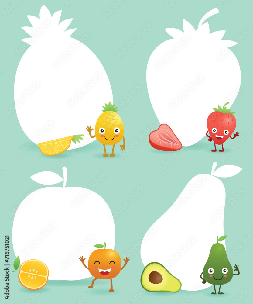 Obraz premium Funny cartoon fruits with blank sign