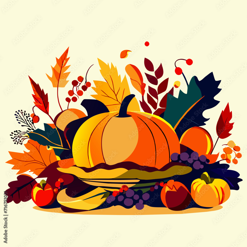 Naklejka premium Thanksgiving background with pumpkins and autumn leaves. Vector illustration. generative AI