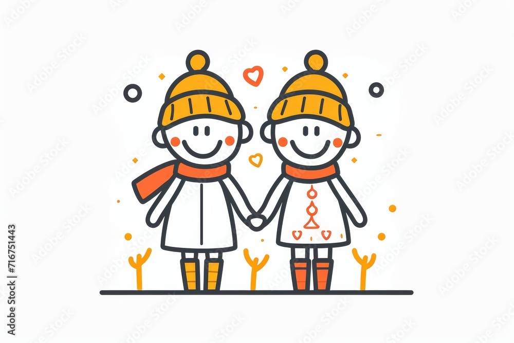 Fototapeta premium An endearing animated cartoon of two girls, portrayed in a simple and charming clipart style, captured in a heartwarming illustration as they hold hands in friendship