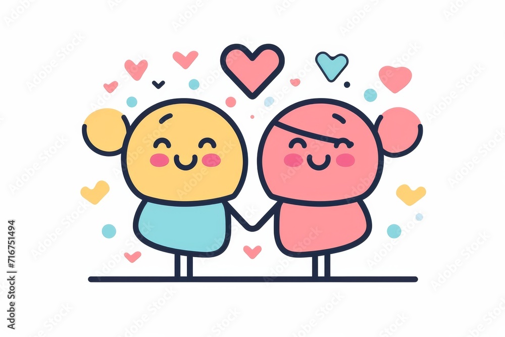 Two happy cartoon characters, with cute emoticon smiles and child-like art style, are depicted holding hands in this cheerful illustration clipart