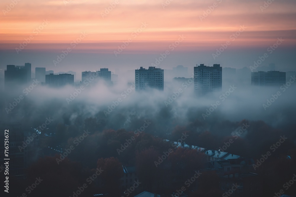 The majestic skyline of a city shrouded in morning fog, the hazy mist casting a dreamlike aura over the towering skyscrapers as the sun rises and the sky is painted with soft clouds and hues of pink 
