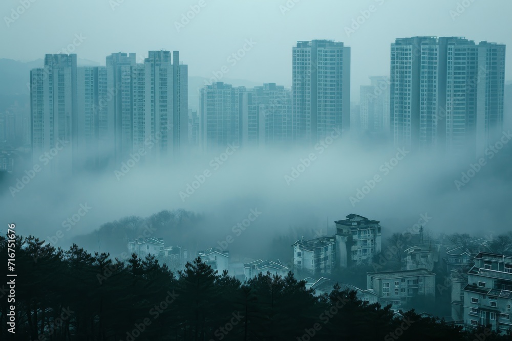 Obraz premium A mystical metropolis emerges from the misty mountains, with towering trees and skyscrapers creating a surreal landscape shrouded in a hazy fog