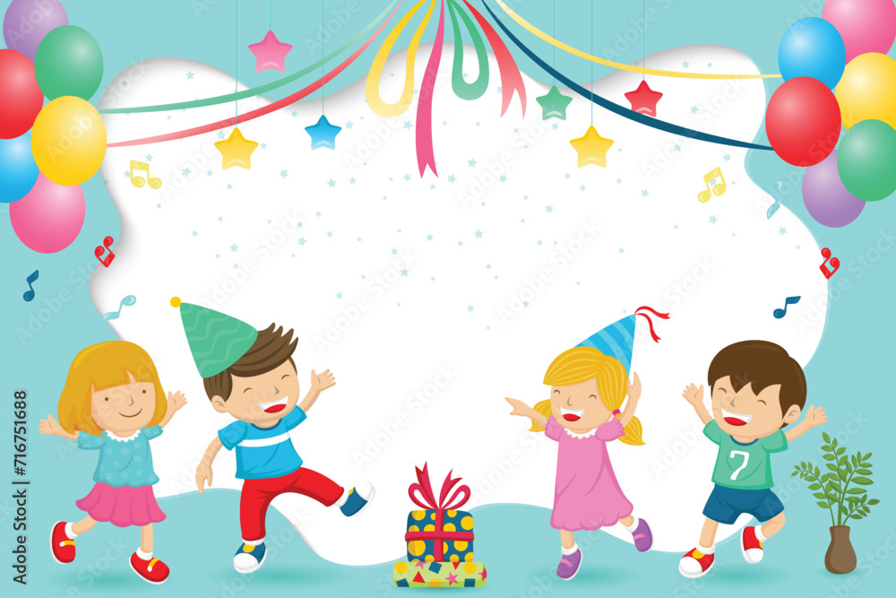 Obraz premium Cartoon of happy group of kids celebrating a party. Template for greeting or invitation card