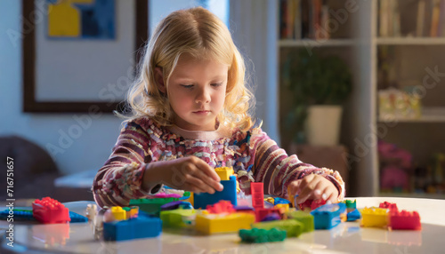 Girl child enthusiastically folds a multi-colored construction set