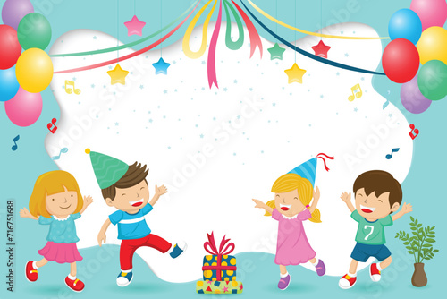 Cartoon of happy group of kids celebrating a party. Template for greeting or invitation card © Bhonard21