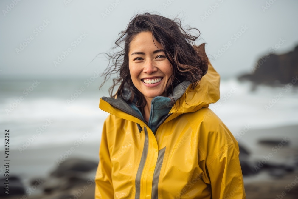 Portrait of a smiling asian woman in her 30s sporting a waterproof rain jacket against a crashing waves background. AI Generation Portrait of a smiling asian woman in her 30s sporting a waterproof rain jacket against a crashing waves background. AI Generation