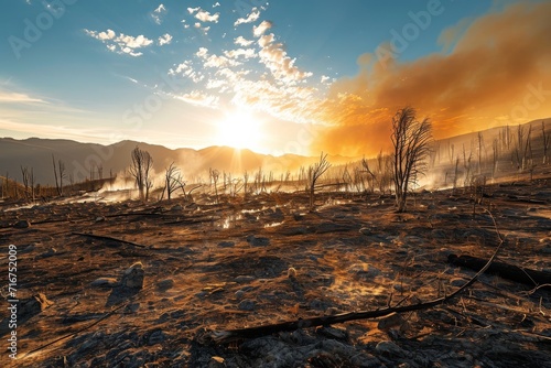 Nature's beauty perseveres as the fiery sun sets over a desolate winter landscape, casting its last rays of hope upon a barren ground scattered with lonely trees and mountains in the distance photo