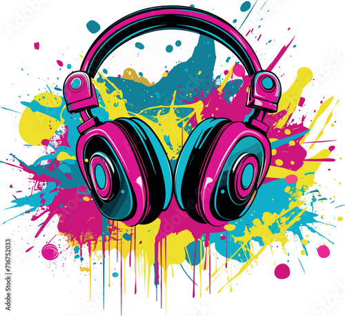 Headphones on the background of bright colored spots of paint, graffiti