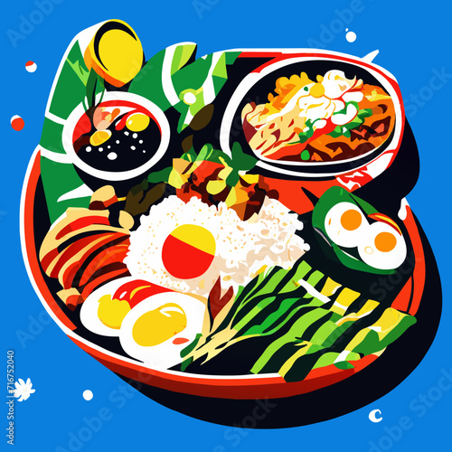 Illustration of Japanese food on blue background with space for text. generative AI