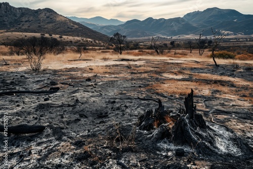 A barren landscape, scarred by fire and framed by towering mountains, evokes a sense of desolation and raw beauty in this outdoor scene