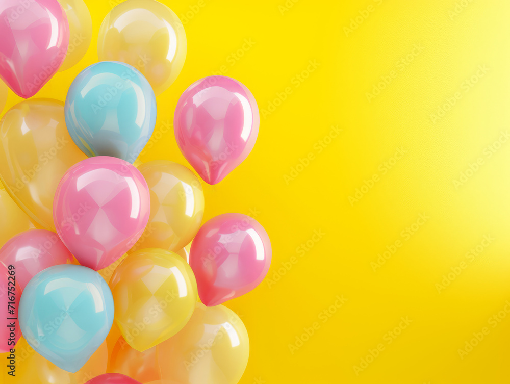A bunch of glossy balloons in pink, blue, and yellow hues against a yellow backdrop.