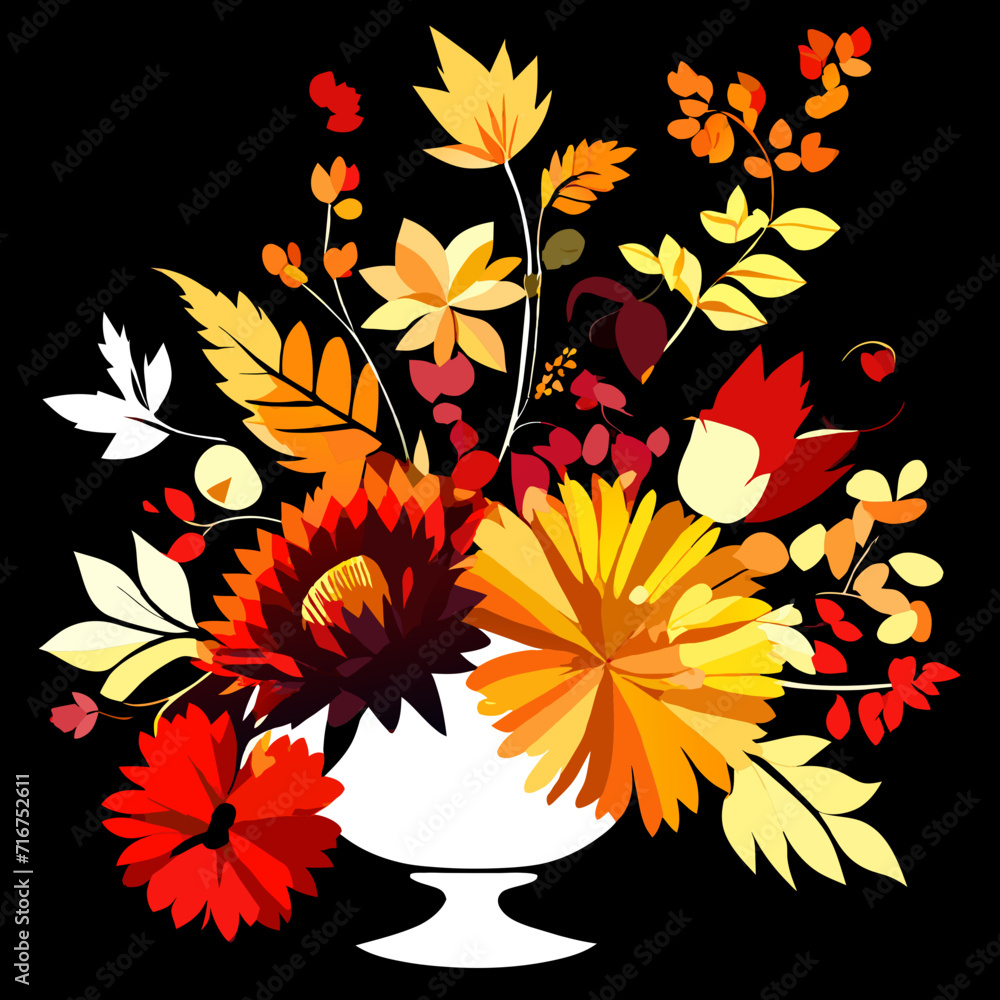 Autumn bouquet of flowers in a vase on a black background AI generated