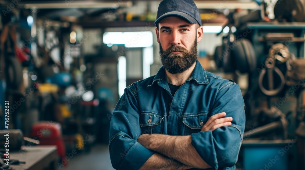 A rugged man with a warm smile and a stylish cap stands confidently indoors, his beard adding to his striking presence A rugged man with a warm smile and a stylish cap stands confidently indoors, his beard adding to his striking presence