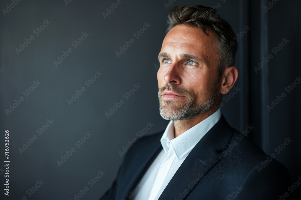 A distinguished businessman stands in front of a stark wall, his serious expression hidden by a sharp suit and combed over hair A distinguished businessman stands in front of a stark wall, his serious expression hidden by a sharp suit and combed over hair