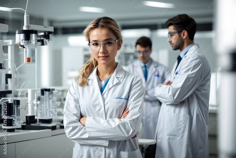 Beautiful young woman scientist wearing white coat and glasses in modern Medical Science Laboratory with Team of Specialists on background.

