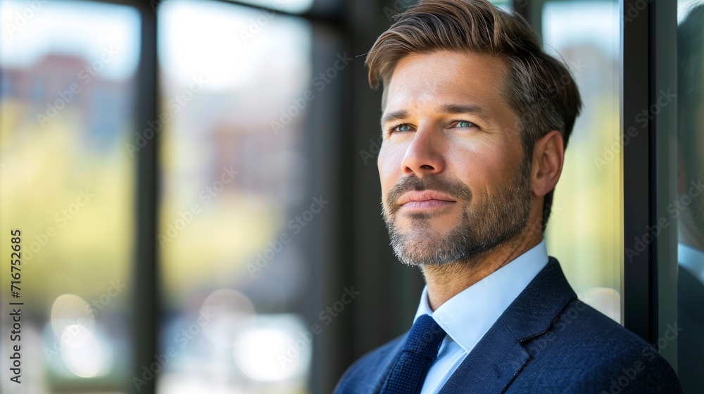 A dapper gentleman gazes thoughtfully out the window, his suit and dress shirt framing his sharp features as he contemplates the world beyond A dapper gentleman gazes thoughtfully out the window, his suit and dress shirt framing his sharp features as he contemplates the world beyond