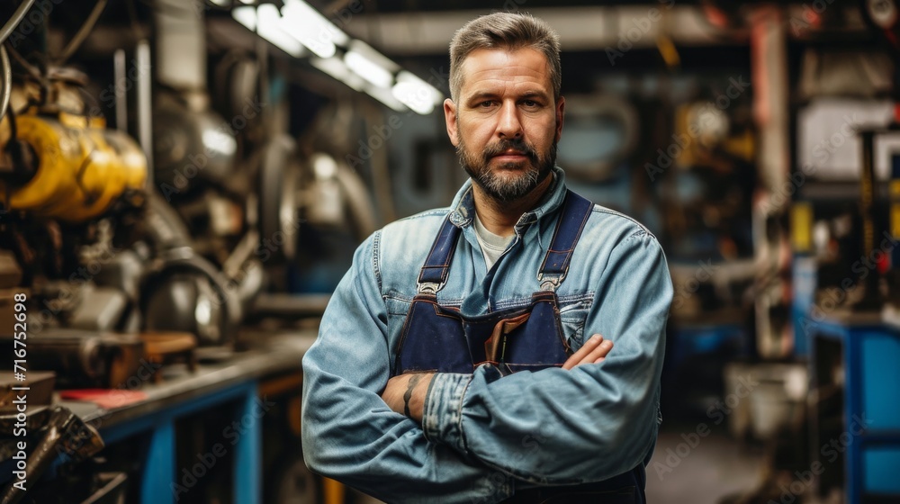 A confident man in blue overalls stands with his arms crossed, embodying the hardworking spirit of an engineer in a bustling factory A confident man in blue overalls stands with his arms crossed, embodying the hardworking spirit of an engineer in a bustling factory