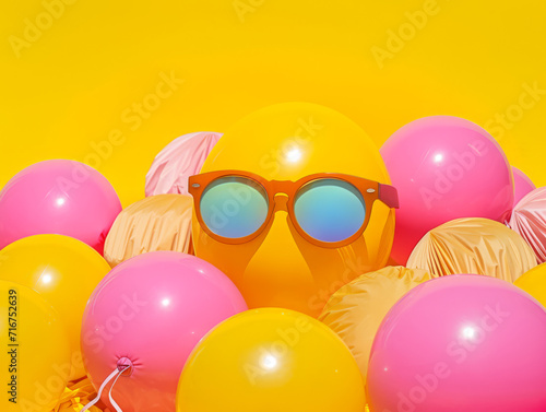 A bunch of inflated balloons with one of them wearing sunglasses. Artistic expression of pop fun.