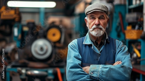 A rugged man in a cap and beard stands tall among the machinery of a factory, his weathered face and work attire telling the story of his hardworking life on the street