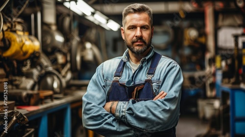 A confident man in blue overalls stands with his arms crossed, embodying the hardworking spirit of an engineer in a bustling factory