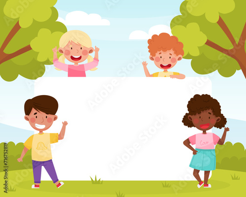 Happy Boy and Girl Kid at Empty Banner Design Vector Template