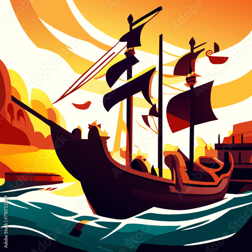 Gondola on the sea at sunset. Vector cartoon illustration. AI generated