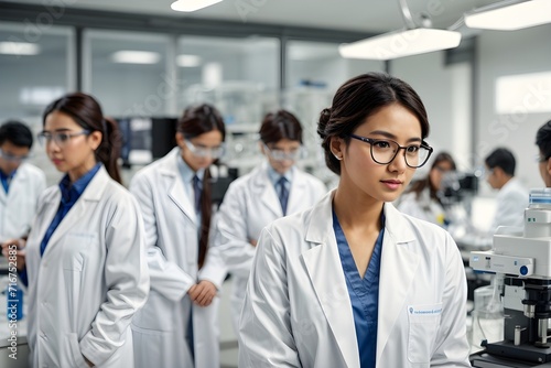 Beautiful young woman scientist wearing white coat and glasses in modern Medical Science Laboratory with Team of Specialists on background.