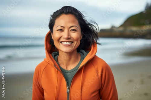 Portrait of a happy asian woman in her 40s wearing a zip-up fleece hoodie against a peaceful tide pool background. AI Generation