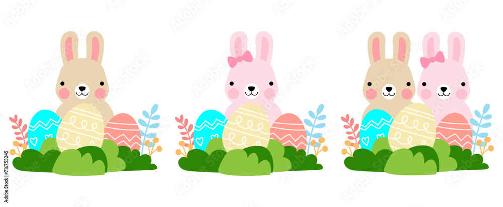 Easter bunny rabbits with baby chicks and Easter eggs, Welcome spring season Easter bunny rabbits with baby chicks and Easter eggs, Welcome spring season