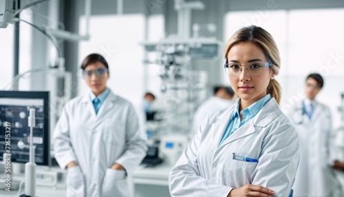 Beautiful young woman scientist wearing white coat and glasses in modern Medical Science Laboratory with Team of Specialists on background.  