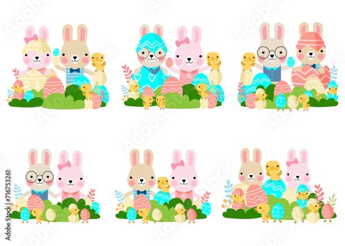 Easter bunny rabbits with baby chicks and Easter eggs, Welcome spring season