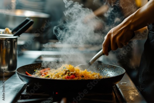 A skilled chef expertly prepares a delicious dish in a sizzling wok  using a variety of kitchen appliances and traditional cooking techniques