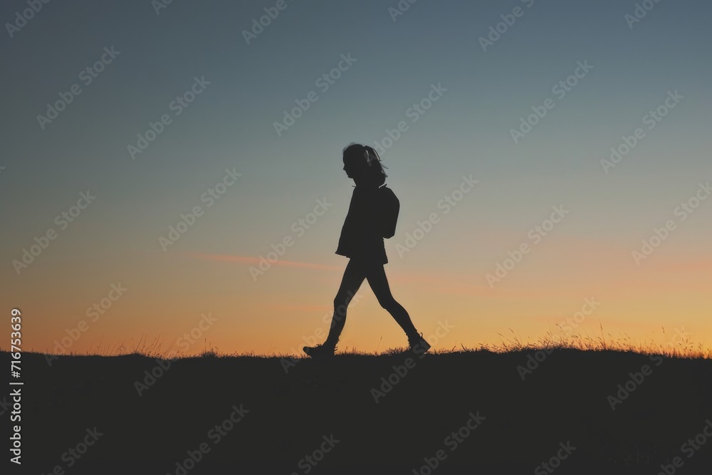 A lone figure traverses the rugged terrain, bathed in the golden glow of the setting sun, her silhouette a striking contrast against the vast expanse of the sky